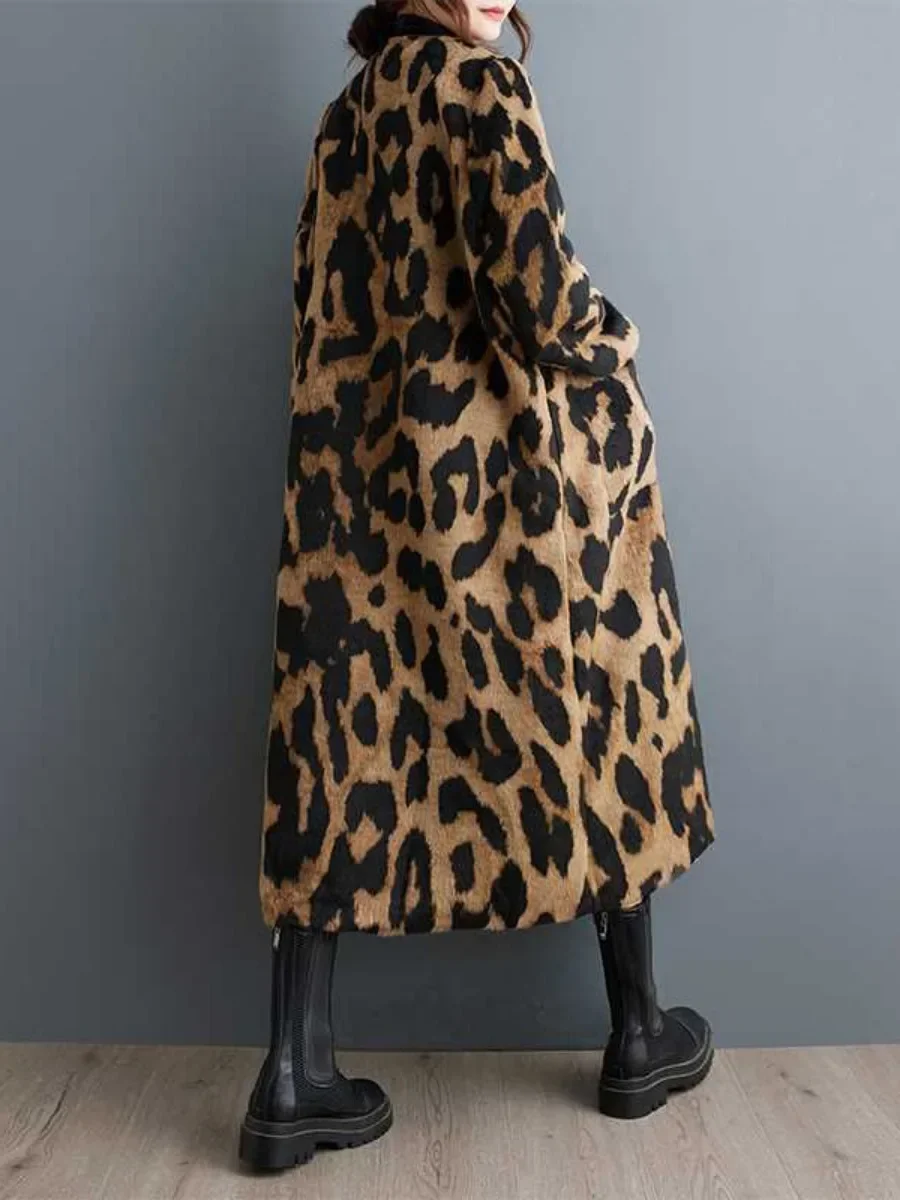 Lemongor Female Stylish Selection Leopard Outerwears Coats 2024 New Autumn Winter Long Sleeves V-Neck Loose Casual Trench Coat