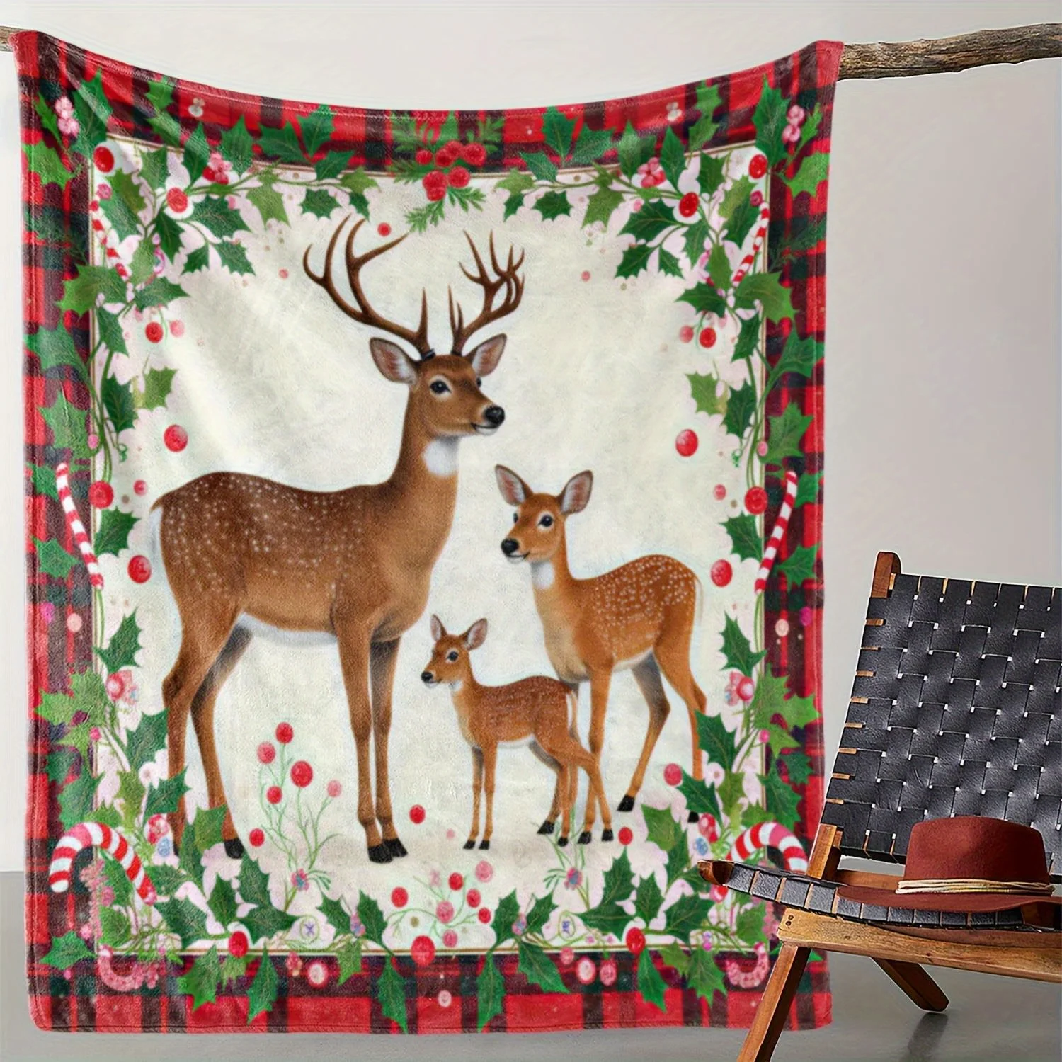 Sdoo Christmas Flannel Blanket - Soft Warm Throw with Deer Family (Parents & Fawn), Red Berries & Holly Couch, Bed, Camping