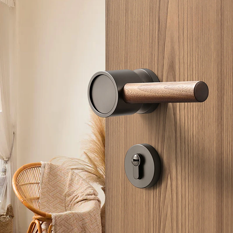 Black gray walnut wood retro door handle wooden door lock magnetic suction silent mechanical room door lock handle lock