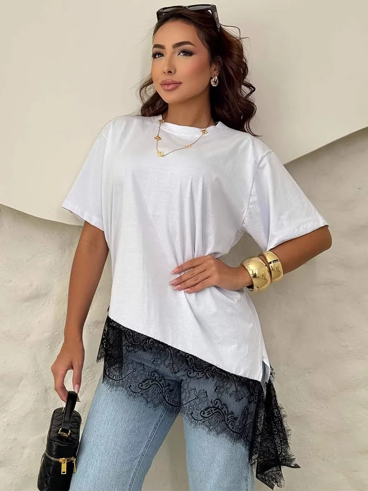 Trendix Lace Tee For Women 2026 Summer O Neck Loose Long Shirts Femme Street Casual Party Fashion Holiday Mesh Basic T Shirts