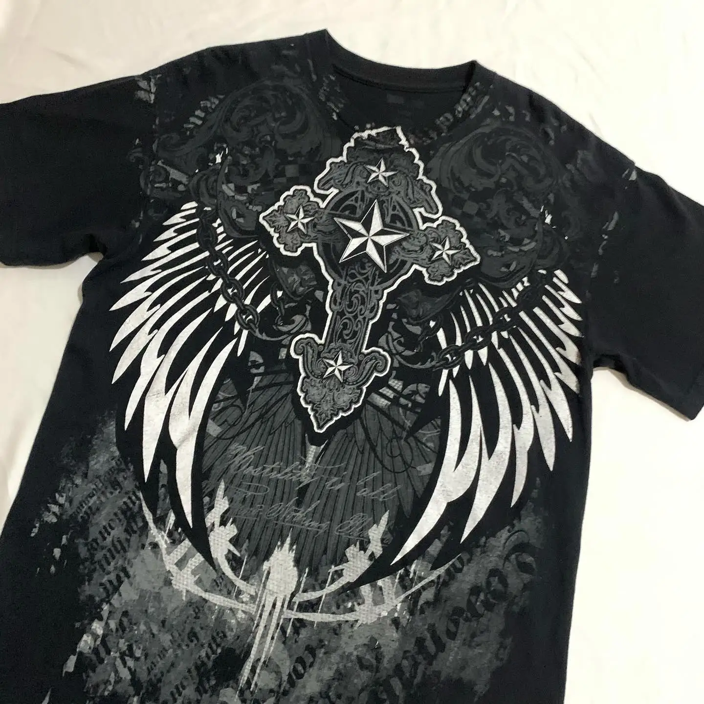 Y2K New Vintage Wings Pentagram Printed T-shirt Street Gothic Oversized Short Sleeve T-shirt Men Hip Hop Harajuku Punk Loose Top