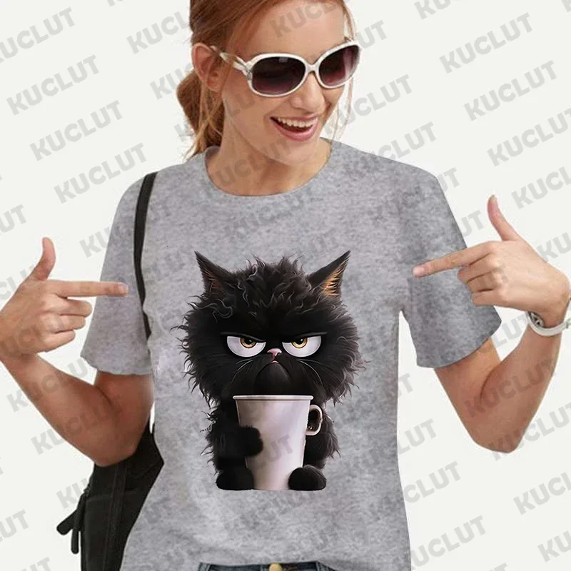 Camiseta de gato negro para mujer, ropa de calle con estilo Unisex, camisetas de manga corta para amantes de los gatos, camisetas de moda