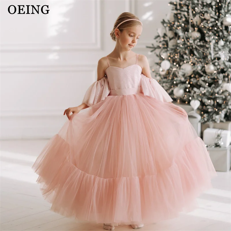 

Платья для девочек OEING Princess Pink A-Line с цветочным узором, тюлевое платье миди с пайетками и вырезом в форме сердца, платье для дня рождения, платья для девочек с накидкой, индивидуальный пошив