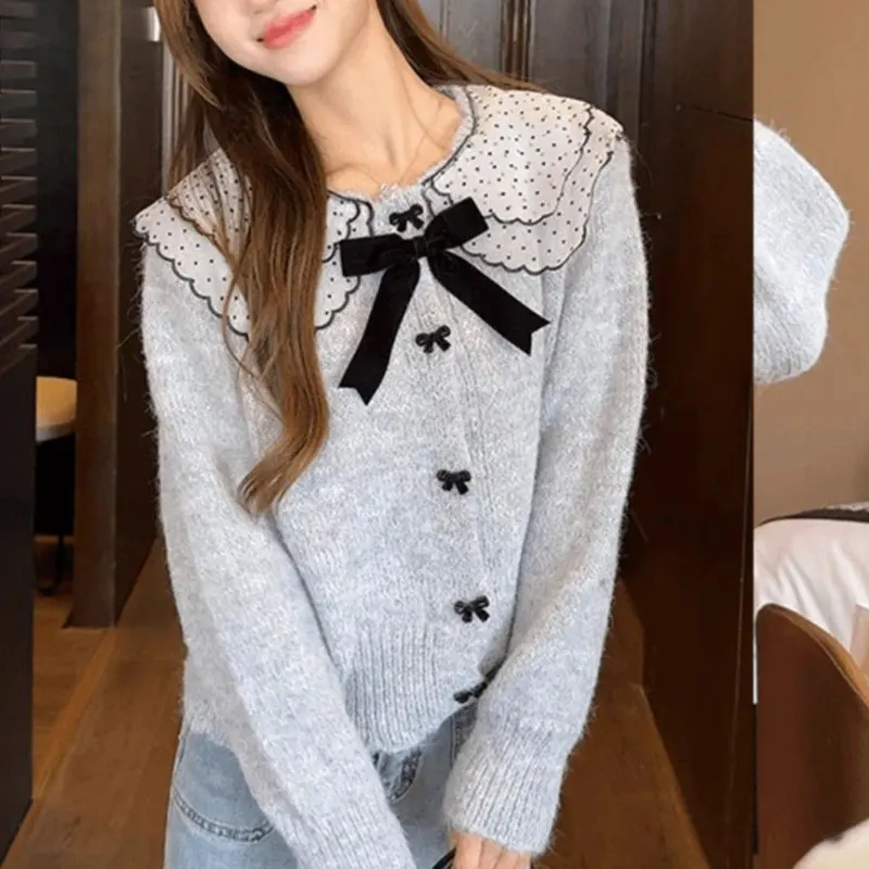 Lace Polka Dot Doll Collar Cardigan Women\'s Clothing Sweet Bow Autumn Winter New Loose Knitted Solid Color Basic Casual Sweaters