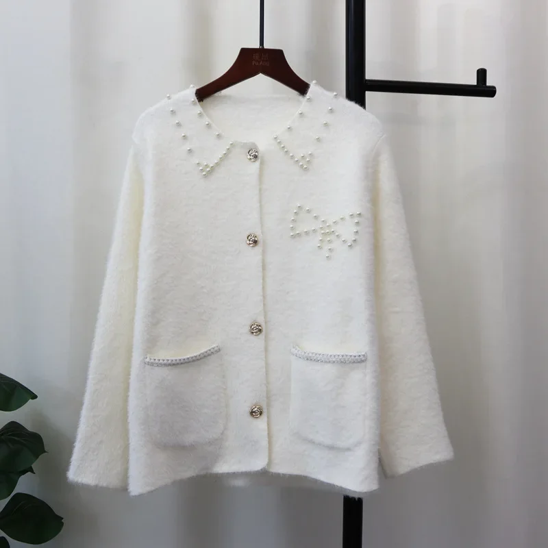 Cardigan à simple boutonnage pour femme avec perles, pull à col rond, manches longues, extérieur, automne, hiver, 2024