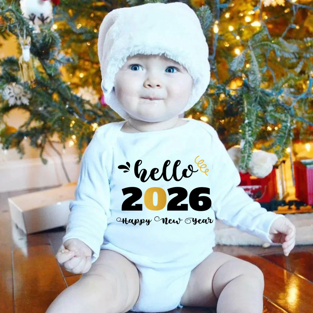 Hello 2026 Happy New Year Baby Bodysuit Cotton Long Sleeve Infant Rompers Body Baby Boys Girls Christmas Costume