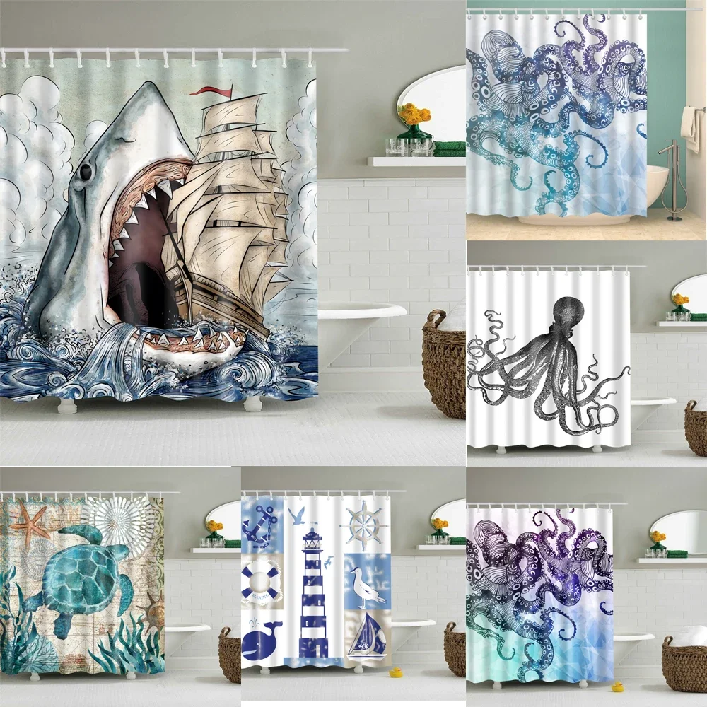 Octopus Seas Lighthouse Shower Curtains Bath Curtain Sea Turtle Bath Curtain Home Decor Washable Bathroom Screen With 12 Hooks