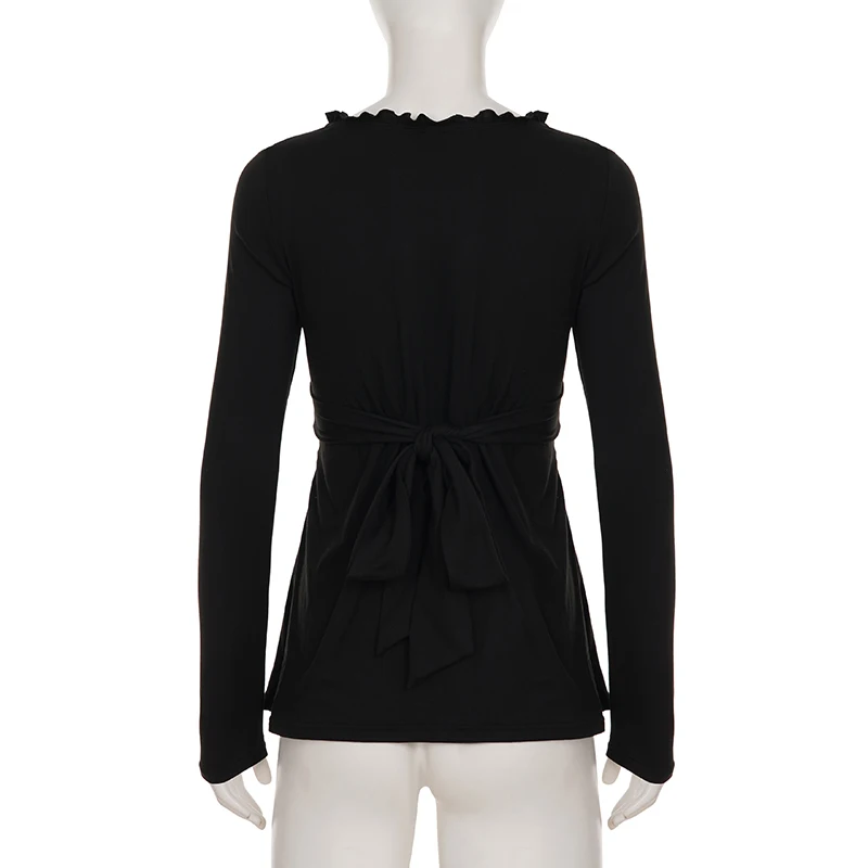 SUCHCUTE Vintage Y2K Damen Langarm-Oberteil mit tiefem V-Ausschnitt, geraffter Taille, Knopfleiste, lässiges All-Match-Outfit, Grunge Fairycore – Detail 5