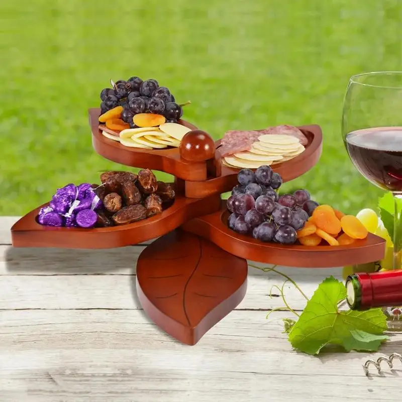 Charcuterie Wine Glass Topper Wood Foliage Shape Fruit Plate 5 Tier Wood Serving Tray With Display Stand For Home Kitchen