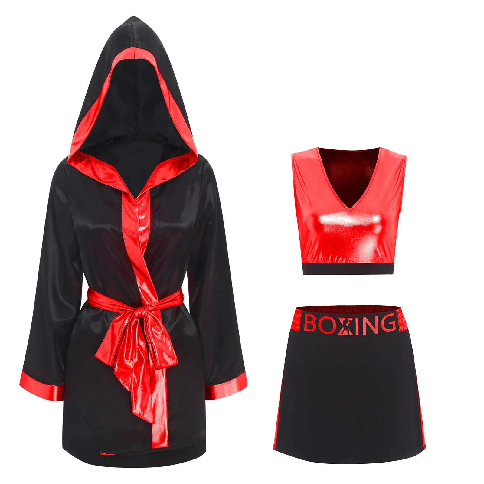 My Other Me Disfraz De Boxeadora Para Mujer Talla M-L – Incluye Vestido Negro Con Bordes Dorados, Bata Con Capucha Y Estrellas Plateadas, Guantes Y Cinturón De Campeona