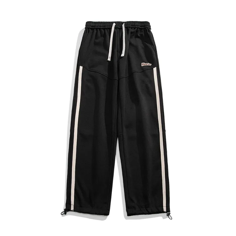 Men's Spring Autumn Drawstring Letter Stripe Elastic High Waist Pockets Casual Loose Sports Wide Leg Trousers Fashion Pants