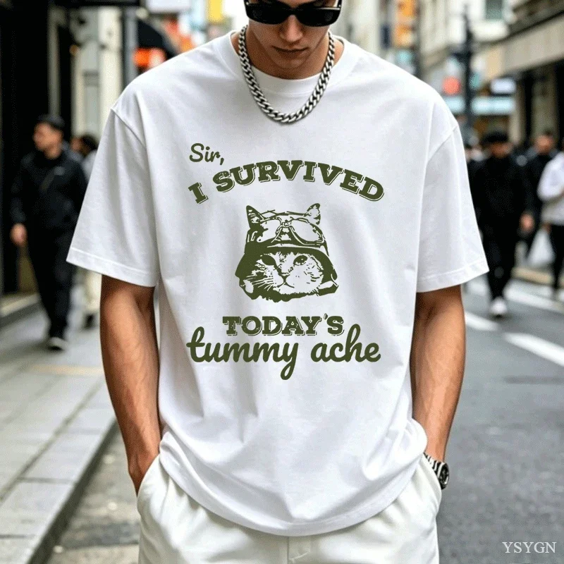 I Survived Today's Tummy Ache My Tummy Hurts T Shirt Funny Cat Kitten Print T-shirt Mens Designer Clothes Tshirt Unisex Tees