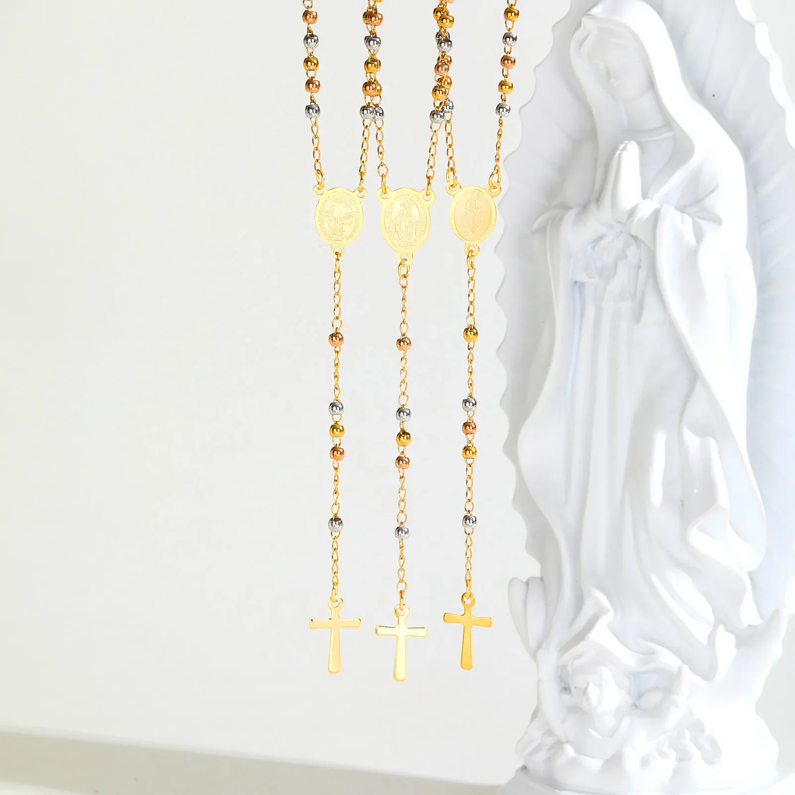 Tri-color Beaded Virgin Mary Y-shaped Necklace, Holy Spirit Cross Pendant Necklace for Women, Stainless Steel Religious Jewelry