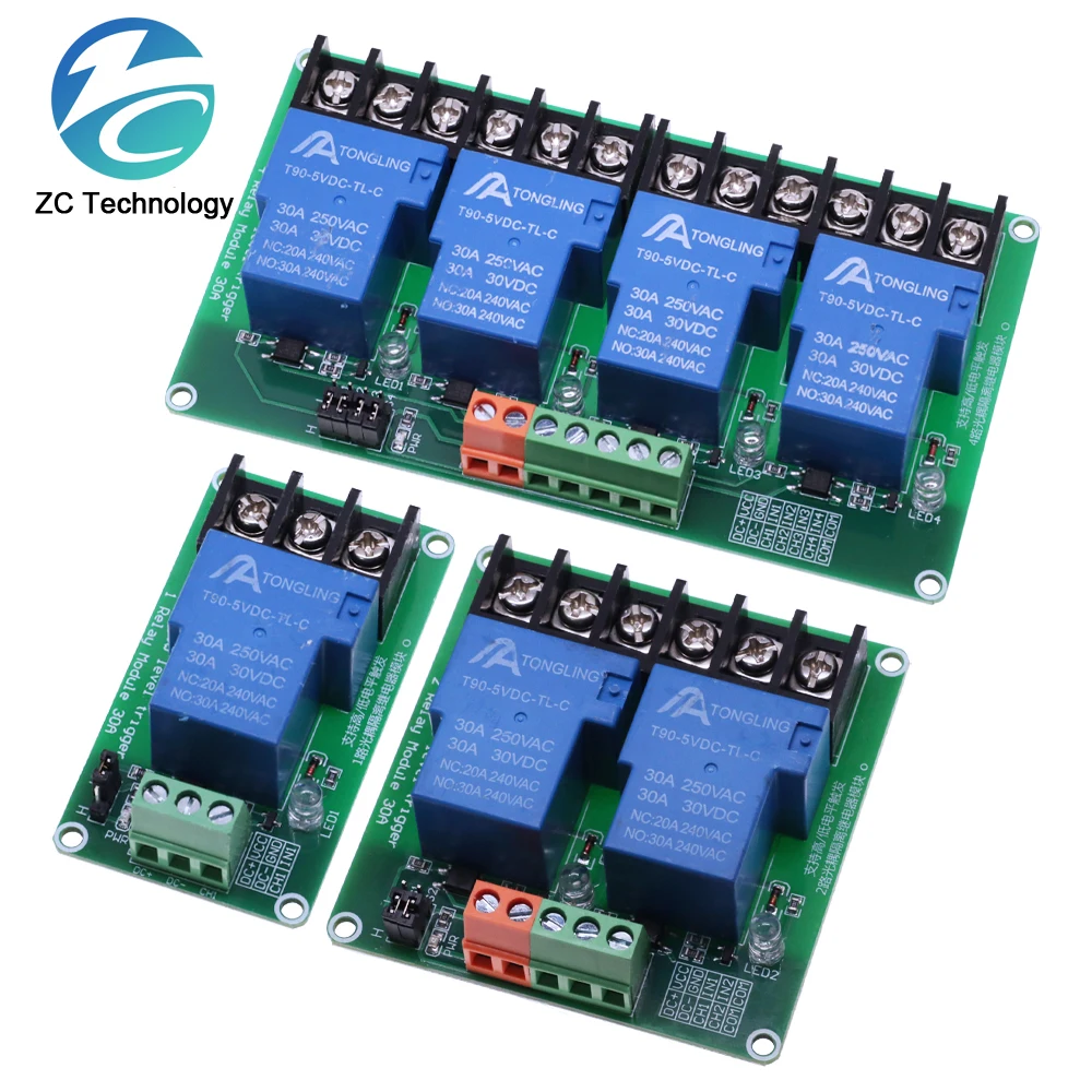 1/2/4 Channel Relay Module High Current With Optocoupler Isolation High And Low Level Trigger 5V 12V 24V DC30V/30A AC250V/10A