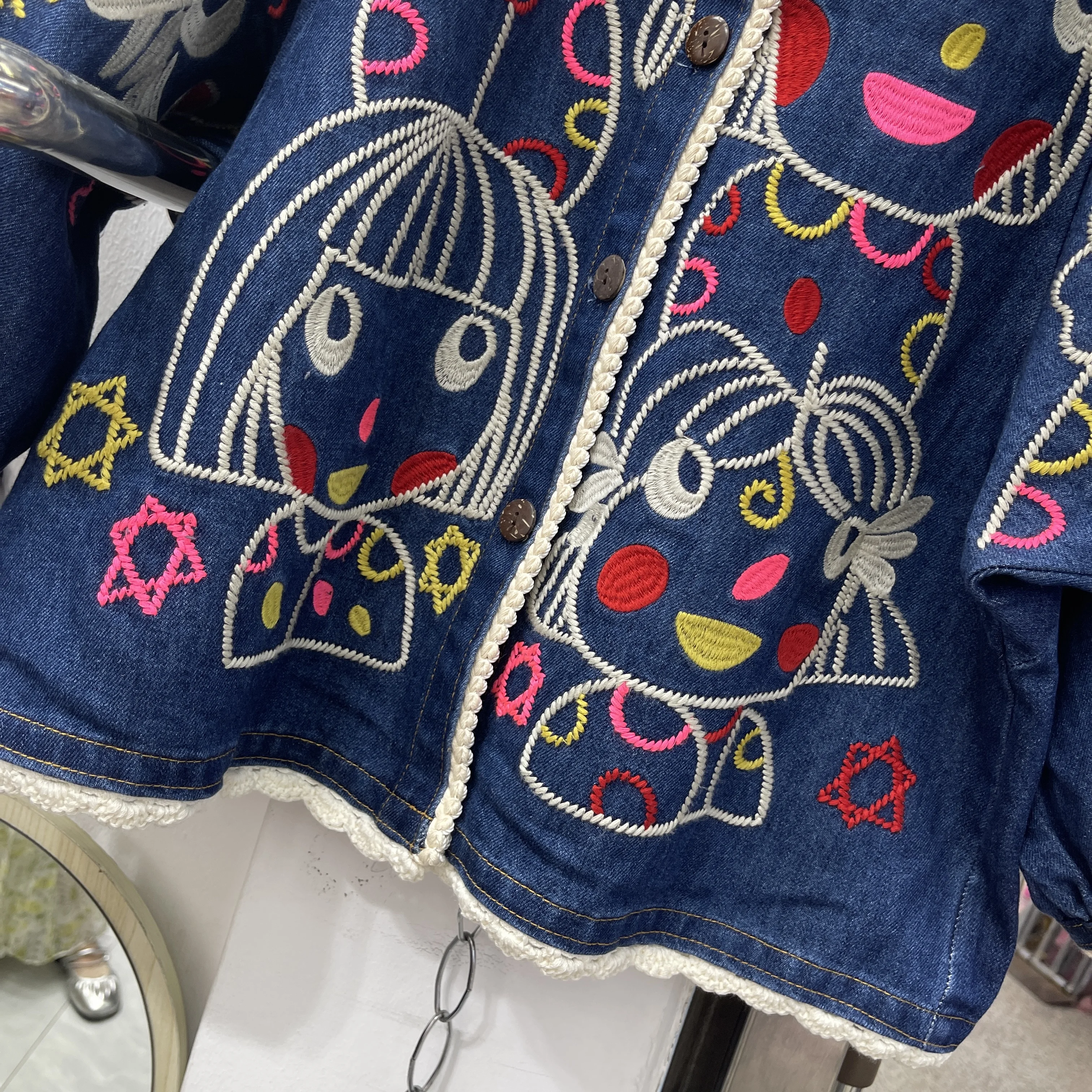 Vintage Childlike Embroidery Heavy Cotton Denim Jacket Short Loose Round Neck Three-Quarter Sleeve Jacket Women Autumn New