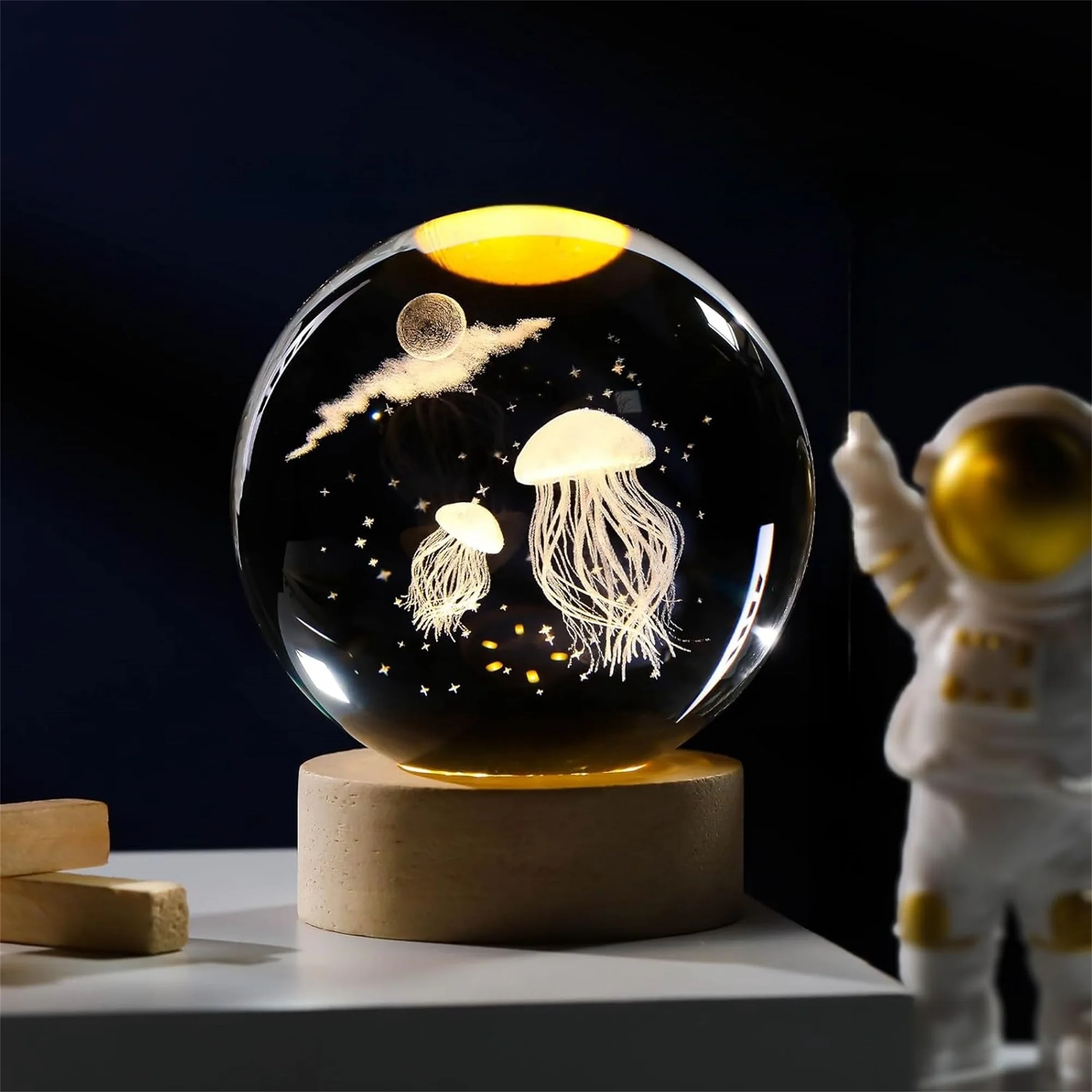 A jellyfish crystal ball nightlight, USB plug, wooden base, festive atmosphere decorated nightlight.