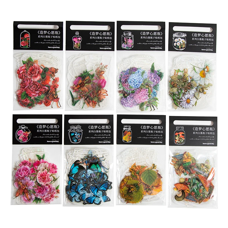40Pcs/Set Transparent Bottle Plant And Flower Stickers,Retro DIY Cutting And Pasting Supplies Decorative Stationery Stickers