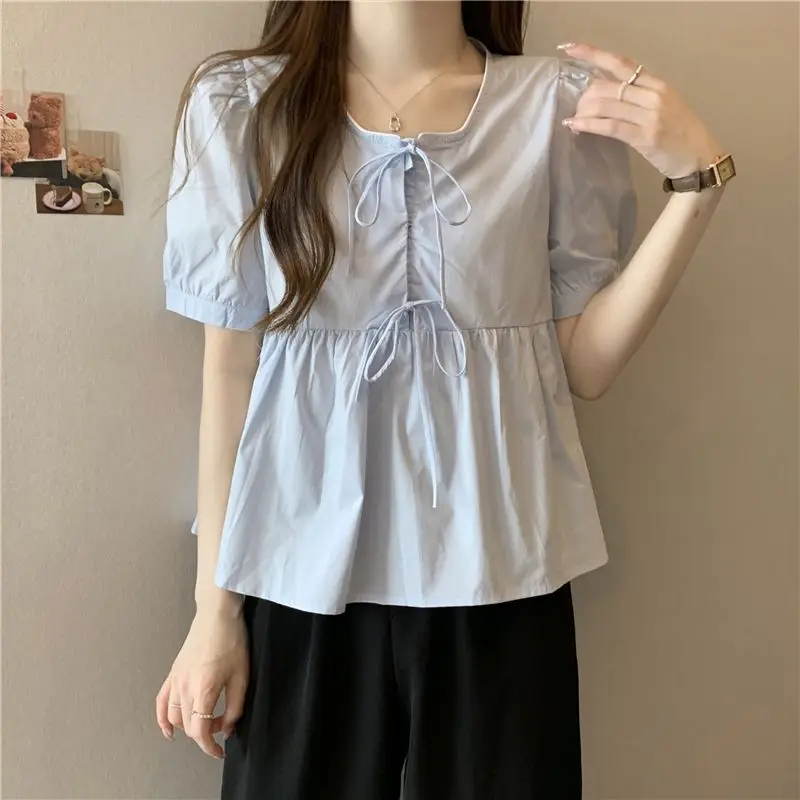 Square Collar Short-sleeved Blouse Women's Clothing Stylish Ruffle Summer Versatile Solid Color Loose Drawstring Short Shirts