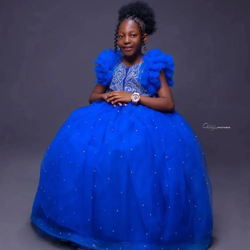 

Royal Blue Princess Girl Pageant Dress Customized Sequined Flower Girls Dresses for Wedding Kids Party Baby Birthday Gowns