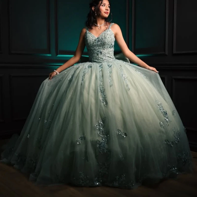 

Зеленые блестящие платья Quinceanera с открытыми плечами, аппликация, кружево, бисер, кристалл, бант, тюлевое платье для вечеринки, дня рождения, сладкое платье 16, Vestidos