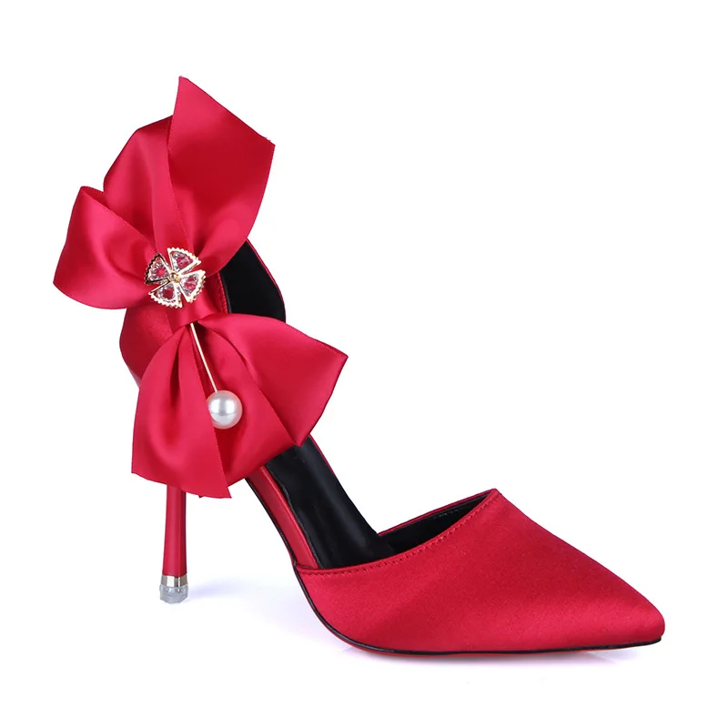 Туфли Женские Shoes for Women Pointed High Heels Women Thin Heel Bow Sandals Elegant Pearl Red Wedding Shoe Luxury Banquet Shoe