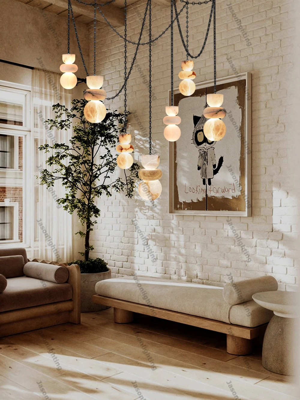 Upgrade Your Home With Our Exquisite Dimmable LED Marble Chain Chandelier Crafted From Natural Alabaster Stone Dimming Function
