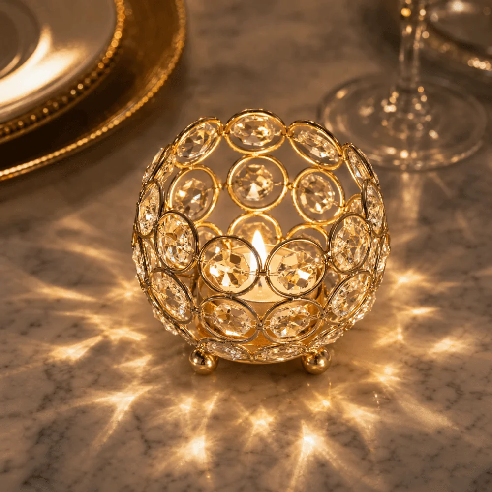 Gold Crystal Candle Holders 8cm Diameter Reflective Base Table Centerpieces Metal Base Round Tea Light Candle Holders