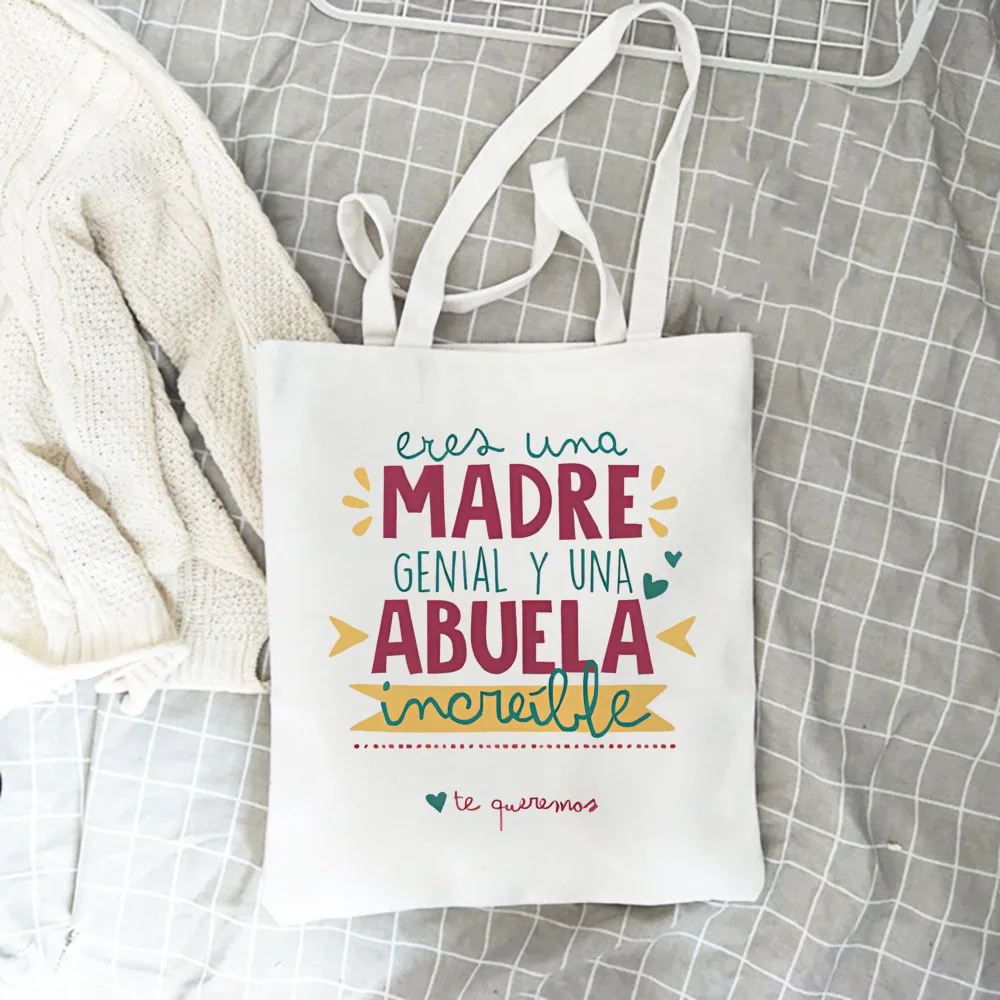 Abuela Letter Print Tote Bag Canvas Large Capacity Shopping Bag Portable Casual Fashion Handbags Mothers Day Gift for Grandma