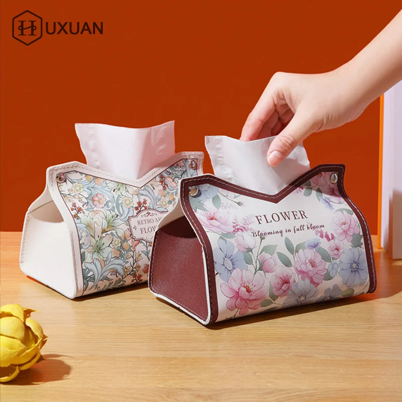 Fashion Oil Painting Leather Tissue Box Car Interior Pull-down Pocket Tissue Storage Box Multi-functional Paper Holder