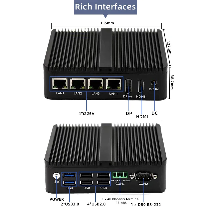 Cele-Ron J6426 كمبيوتر صناعي صغير الجيل الثاني عشر بدون مروحة رباعي النواة DDR4 4 * LAN HD VGA منفذ عرض 16G يدعم SSD + HDD Win10/Linux