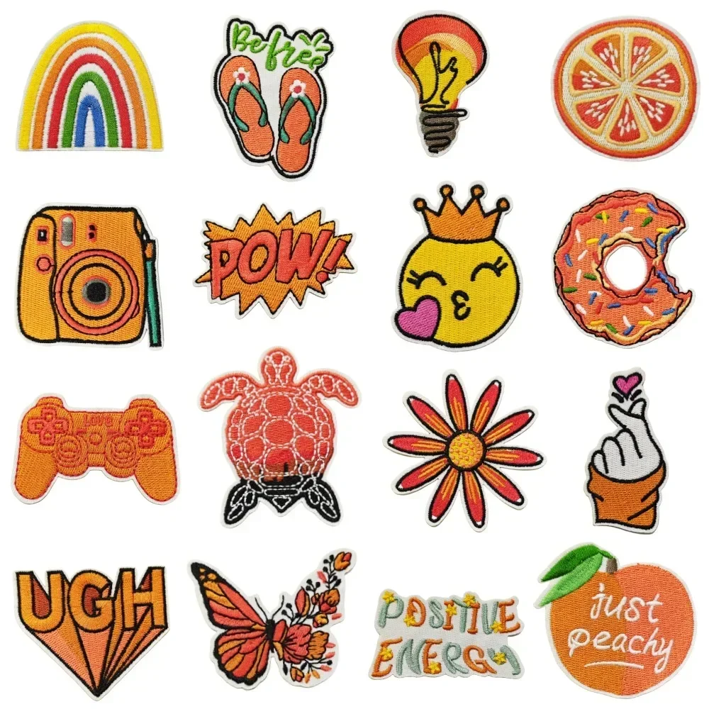 Orange Style Artistic Embroidery Iron on Patches for Girls Clothing DIY Sewing Cartoon Positive Energy Appliques Peachy Badge