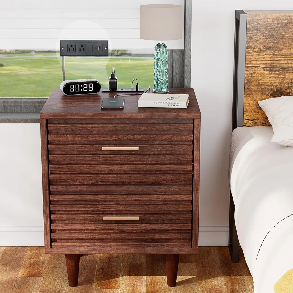 

Night Stand with Charging Station, Bedside Table with 2 Drawers, Mid Century Modern End Table, Bed Side Table