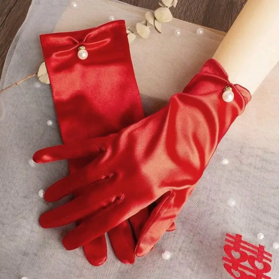 

Red Satin Bridal Gloves With Pearl Bow For Wedding Ceremony