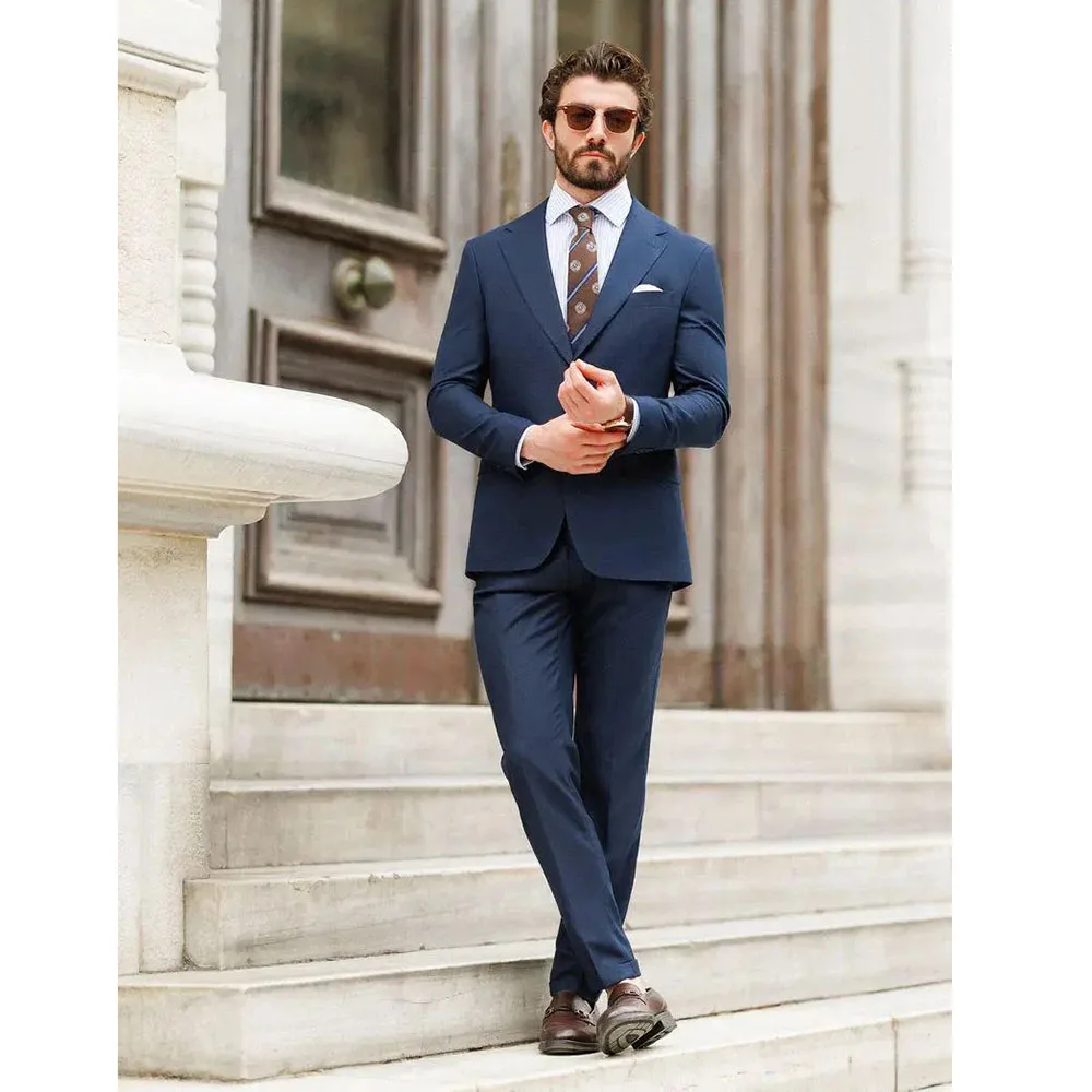 Luxury Navy Blue Men Suits High Quality Business Outfits 2 Piece Jacket Pants Single Breasted Notch Lapel Slim Fit Full Set 2024