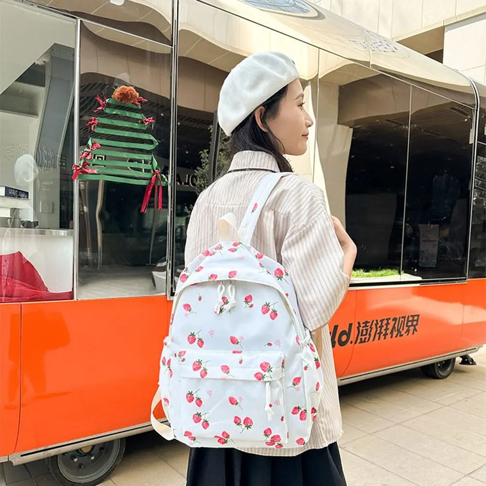 Zaino in tessuto Oxford con fragole Borsa da scuola di grande capacità stile preppy regolabile con borsa per il pranzo e astuccio Zaino da viaggio