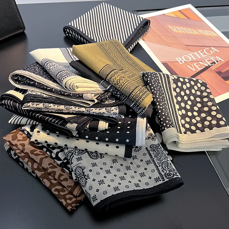 Retro Black White Silk Cotton Square Scarf Mulberry Silk Organic Cotton Blend Lightweight Neck Head Wrap for Women