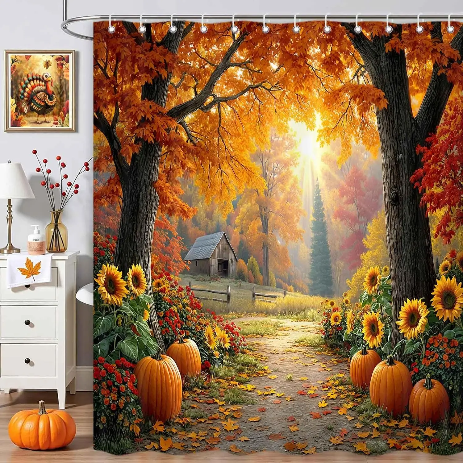 Realistic Rustic Autumn Fall Foliage Waterproof Shower Curtain Bathroom Decor Pumpkin Harvest Leaves Seasonal Accent Home Art Cu