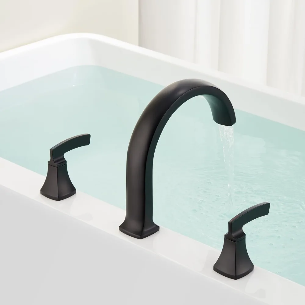 Black Deck-Mounted 3-Hole Waterfall Tub Filler with Brass Handles for Roman Tub Bathroom Faucets