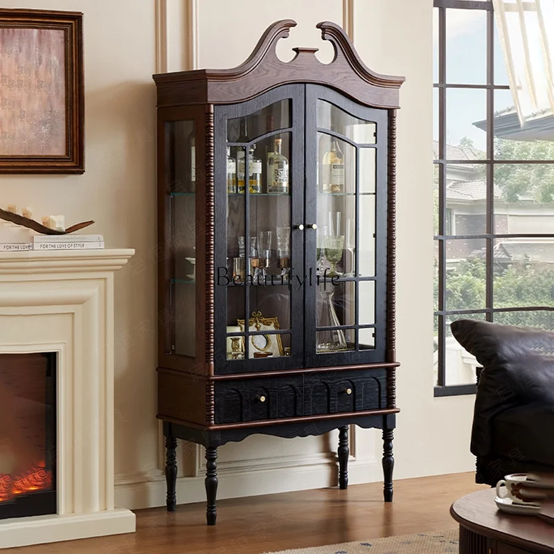 

French retro style solid wood wine cabinet American simple living room glass door display cabinet
