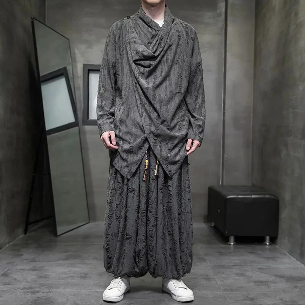 Mens Chinese Style Distressed Hole Long-Sleeved Cloak Autumn Genderless Fashion Irregular Retro Zen Taoist Robe Top Unisex