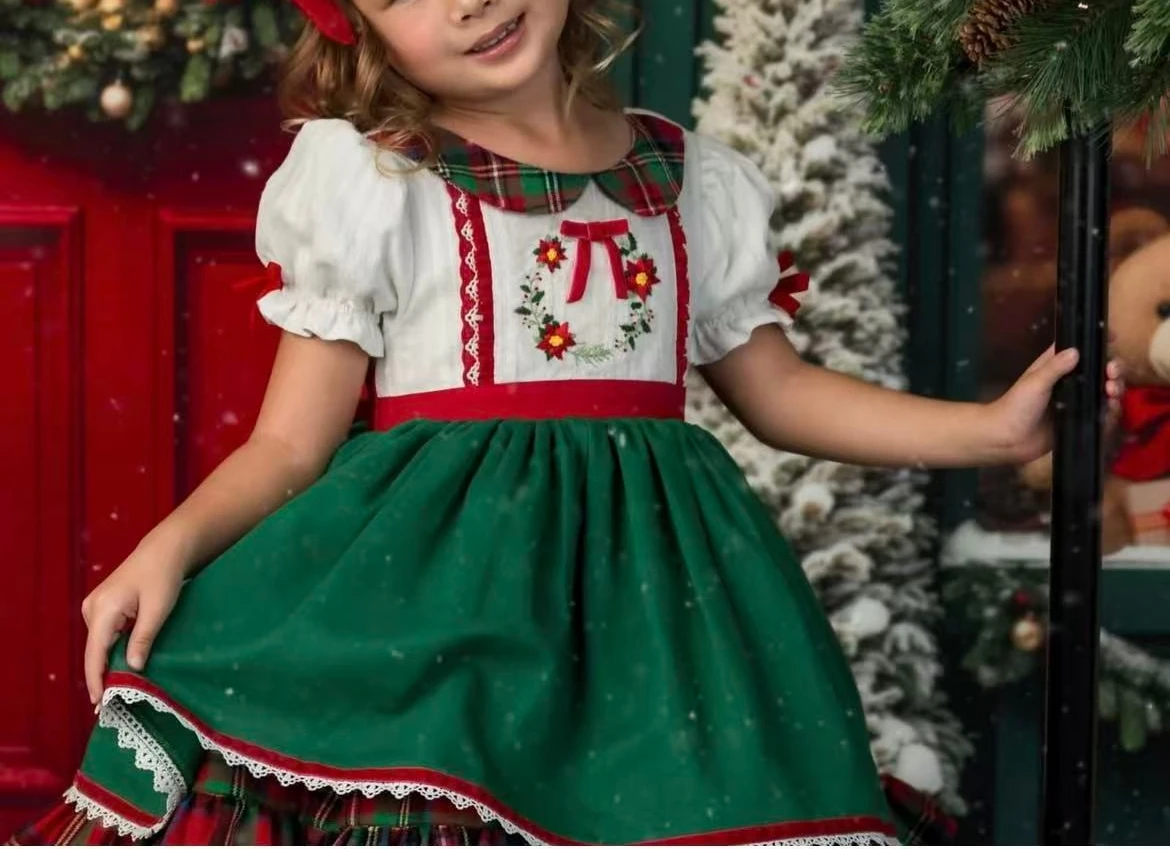 

0-12Y Baby Girl Summer Garland Embroidery Vintage Princess Green Dress for Birthday Photography Holiday Eid Christmas B467