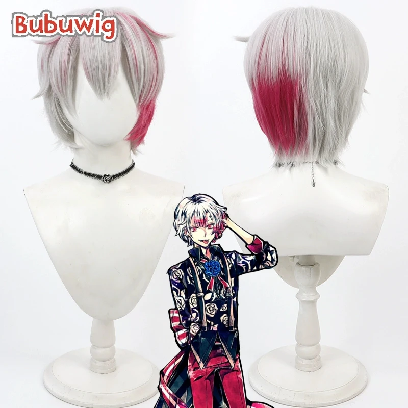 

Bubuwig Synthetic Hair Ammon Lead Cosplay Wigs Devil Butler with Black Cat 30cm Silver White Mixed Rose Pink Wig Heat Resistant