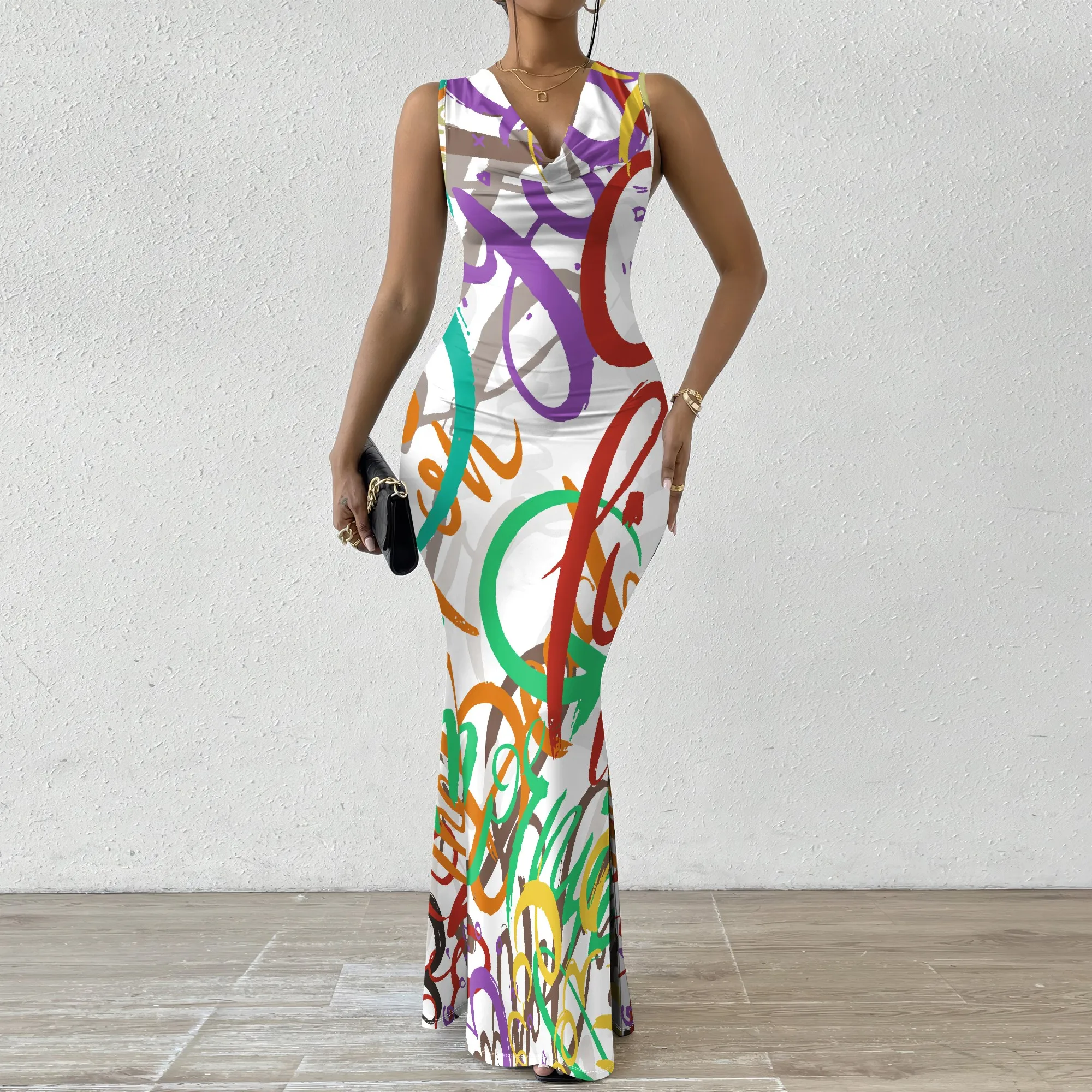 V-Neck, Maxi Dress, Abstract Print Bodycon, Colorful Pattern Mermaid Hem, Party Clubwear, XS-2XL