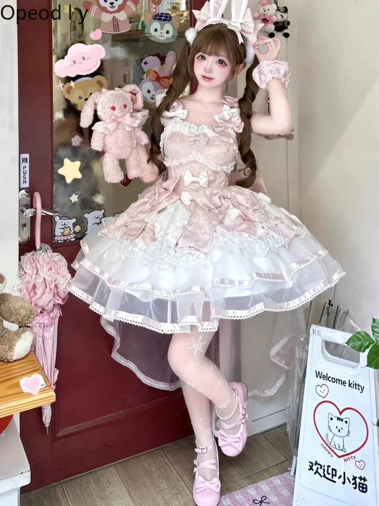 

Sweetheart Girl Japanese Original Lolita Jsk Dress Cute Doll Feeling Bow Princess Style Birthday Party Fluffy Cake Dress