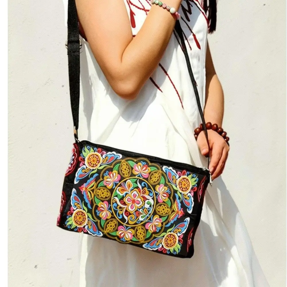 Elegant Double Sided Embroidery Canvas Bag Women Ethnic Floral Shoulder Messenger Crossbody Purse Fashion Handbag