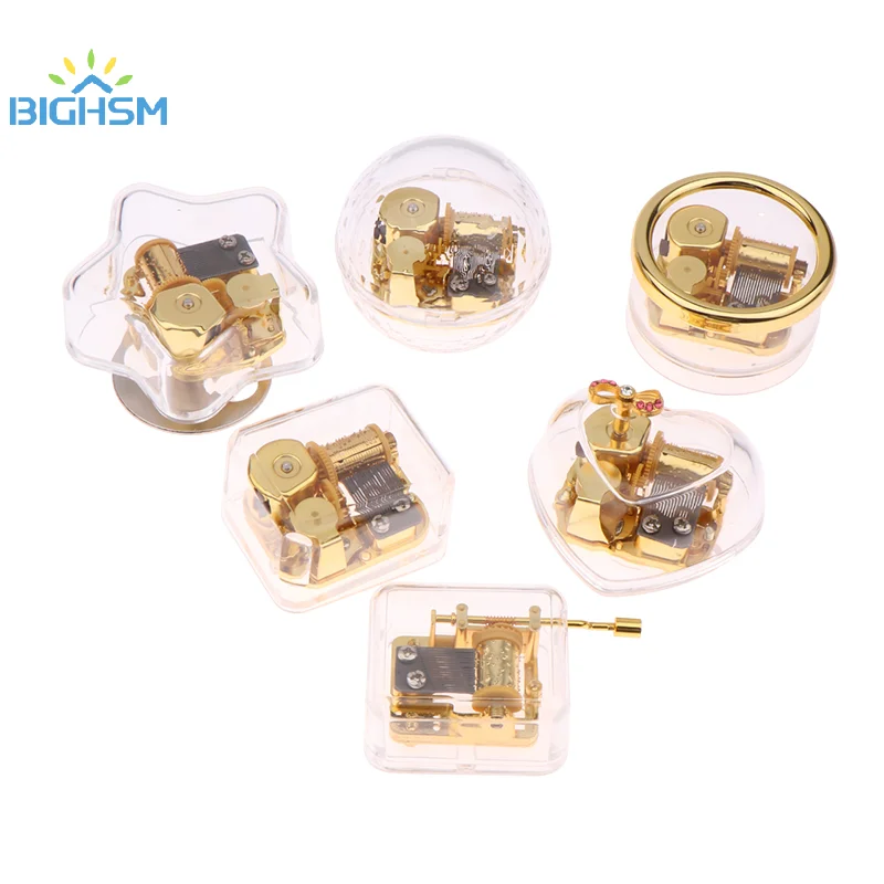 Creative Hand Operated Music Case Mini Acrylic Transparent Metal Movement Octave Box Home Car Decoration Couple Birthday Gifts