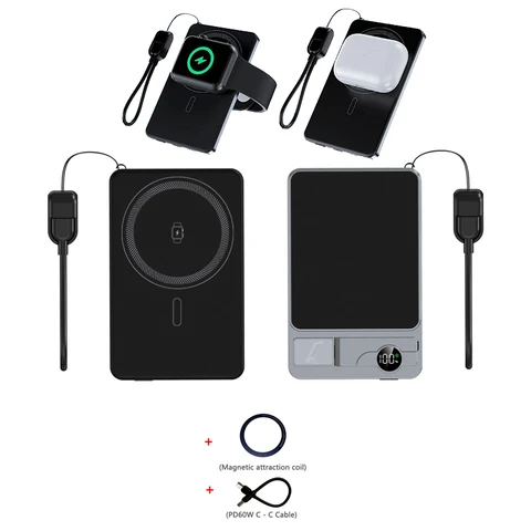 Магнитный внешний аккумулятор с металлическим кронштейном 3 в 1 для iPhone AirPods Apple Watch MagSafe, ультратонкое быстрое беспроводное зарядное устройство, сертифицированное CCC