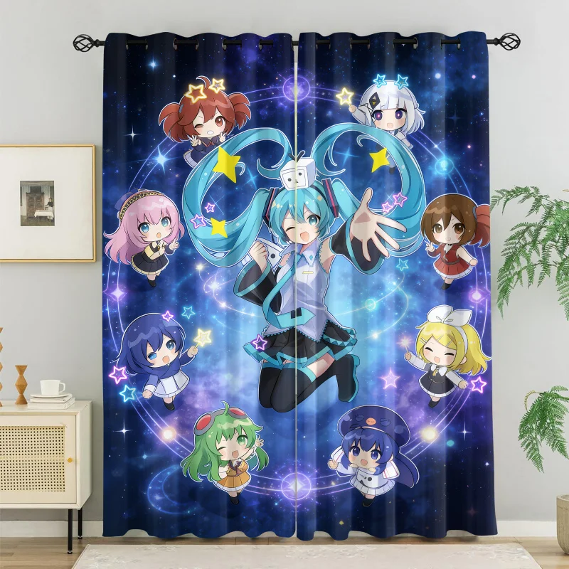 初音ミク-遮光カーテン-2枚組、トップリング穴付き、ロッドなし、アニメ風イラストスタイル寝室ゲームルーム寮装飾