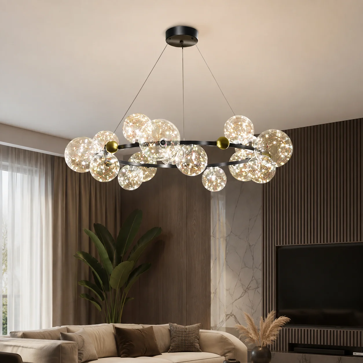 ￼ Modern LED Bubble Glass Chandelier, Hardware + Glass, 3‑Color Temperatures, Pendant Light.