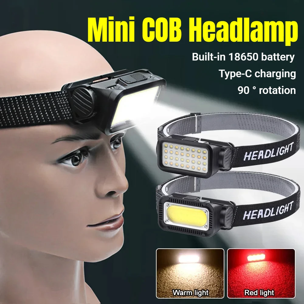 

Mini Powerful COB Headlamp Type-C Charging Headlights Super Bright 300LM 18650 Head Torch Camping Emergency Waterproof Lantern